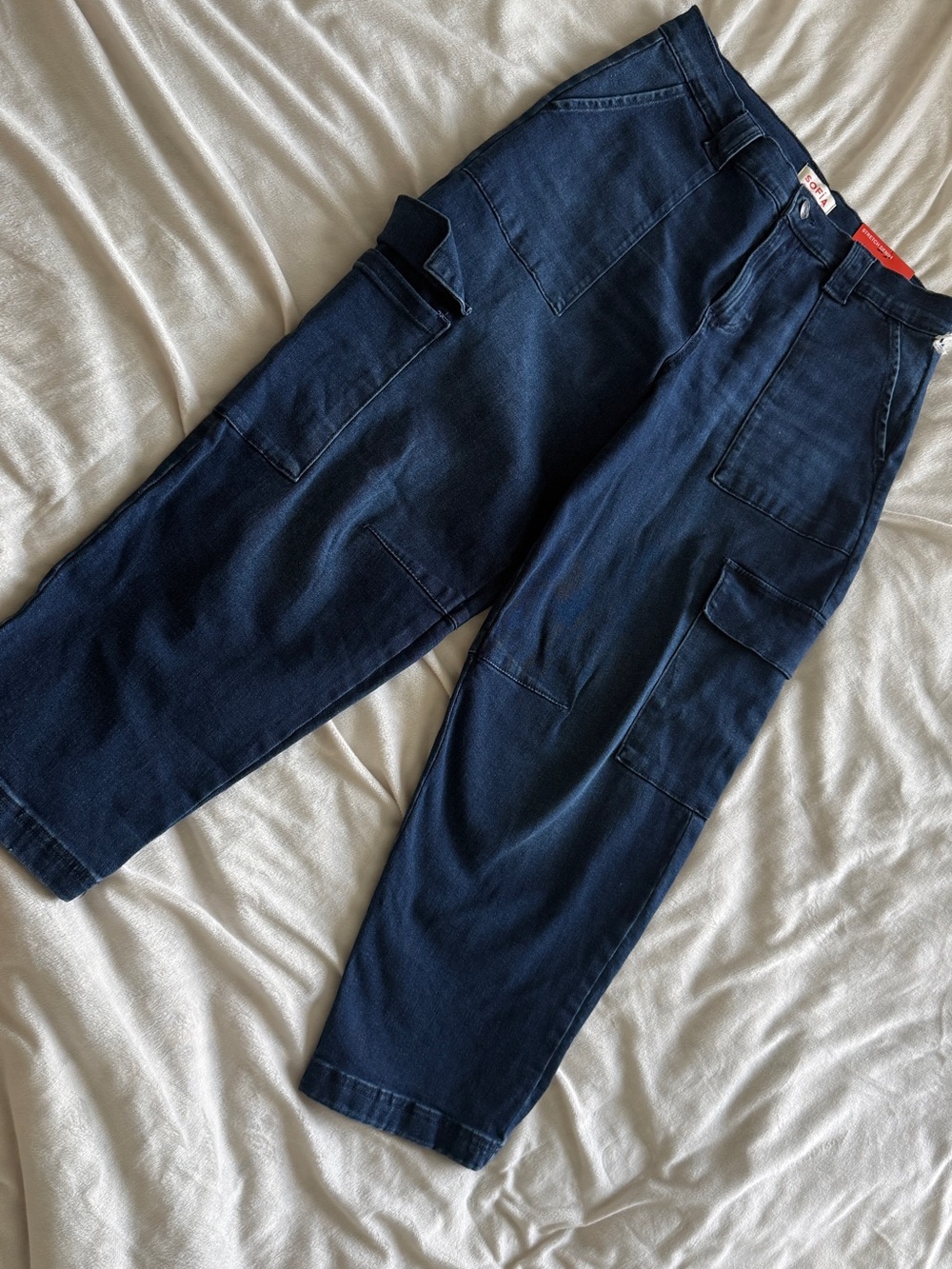 Sofia Jeans Cargo Barrel Jeans High Rise Dark Wash Stretch Denim Size 8 NWT